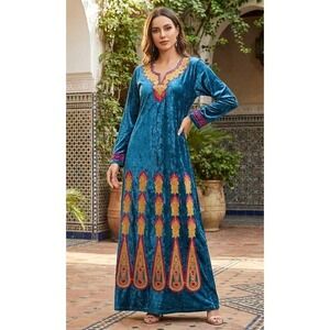 Willow Ridge Maxi Dress Womens 14‎ Embroidered Teal Velvet Kaftan Boho Long Slv